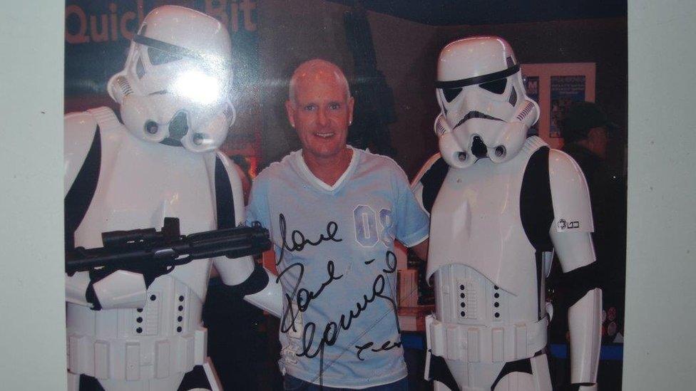 Paul Gascoigne with people in Storm Trooper costumes