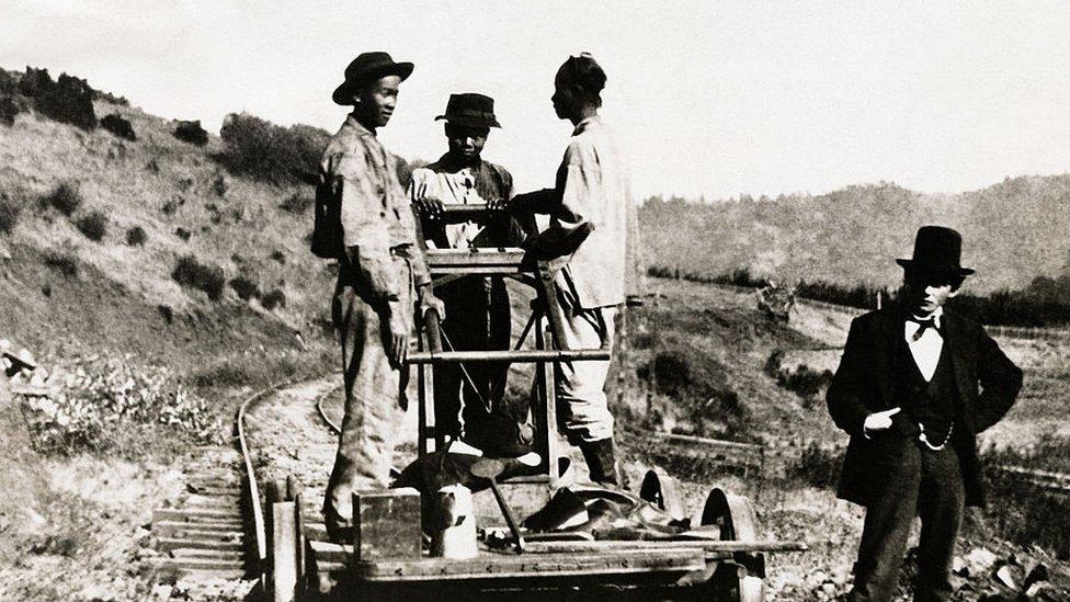 Archival image showing Chinese immigrant railroad workers