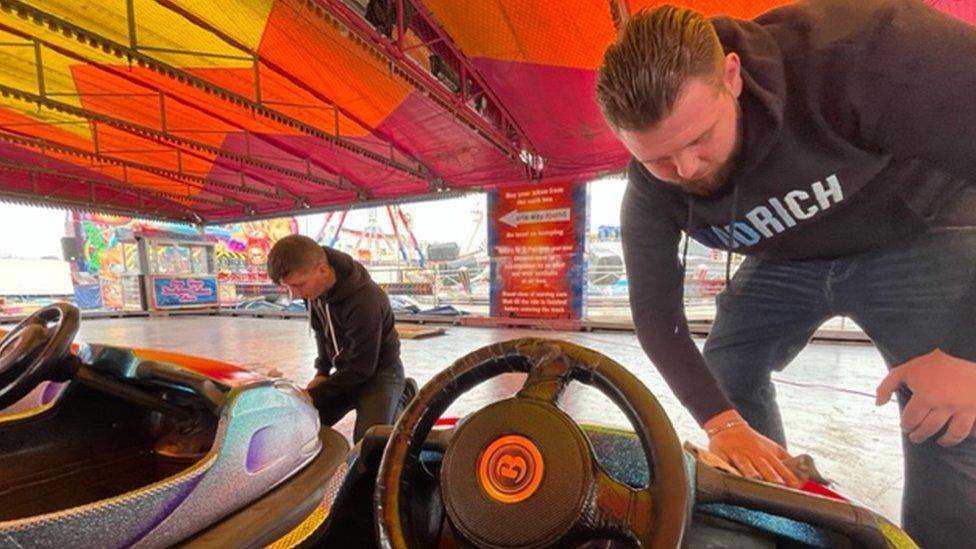 Dodgems being prepared for the opening of Hull Fair