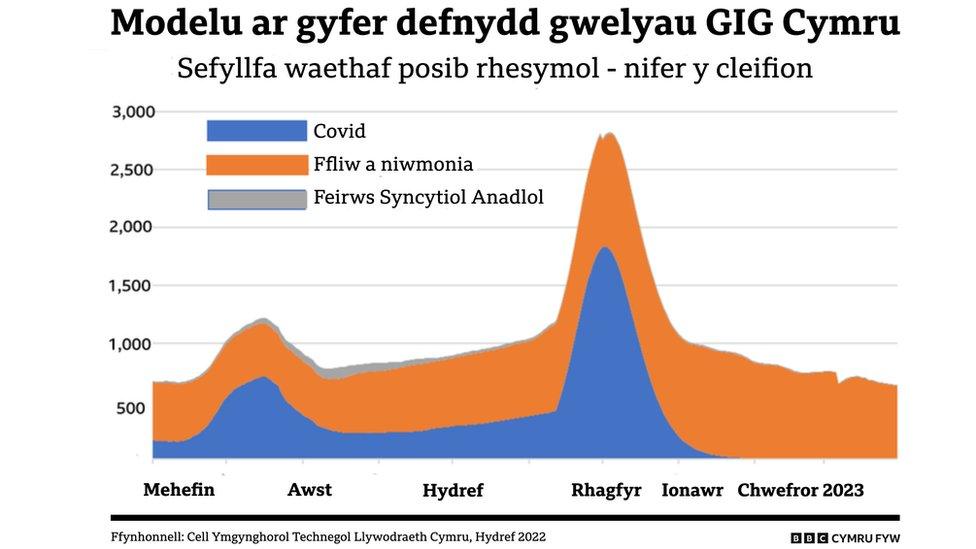 Graff modelu ar gyfer defnydd gwelyau GIG Cymru