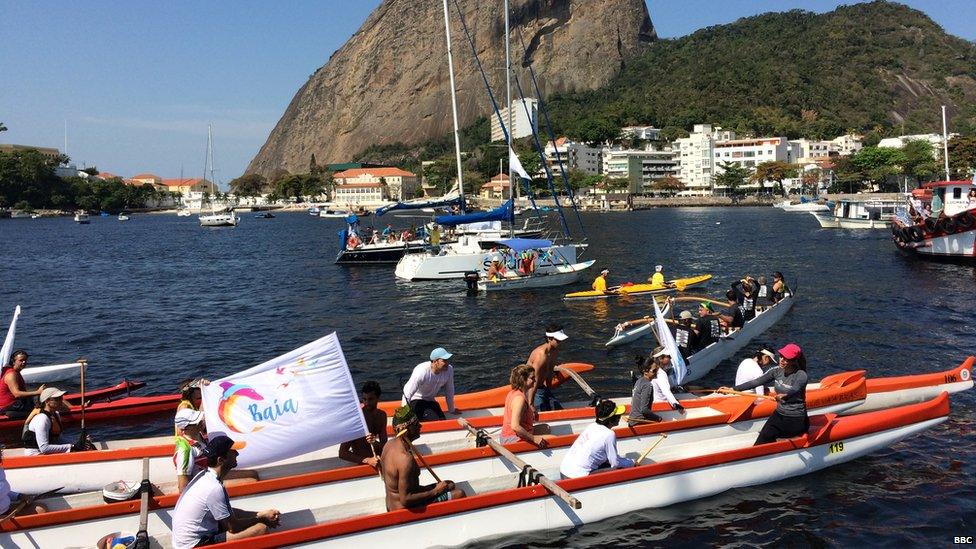 Protesters on Saturday 8th August 2015 against pollution in the Bay of Guanabara in Rio de Janeiro ahead of the 2016 Olympics