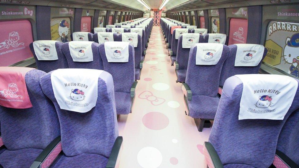 The interior of a Shinkansen train adorned with images of popular character Hello Kitty