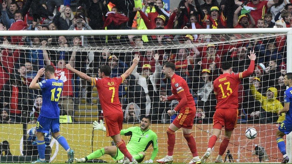 Wales players celebrate after qualifying for the World Cup