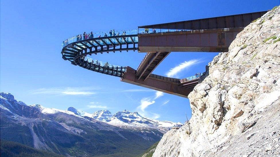 Glacier Skywalk, glass-floored observation platform looking over the Sunwapta Valley, Jasper National Park, Alberta, Canadian Rockies, Canada.