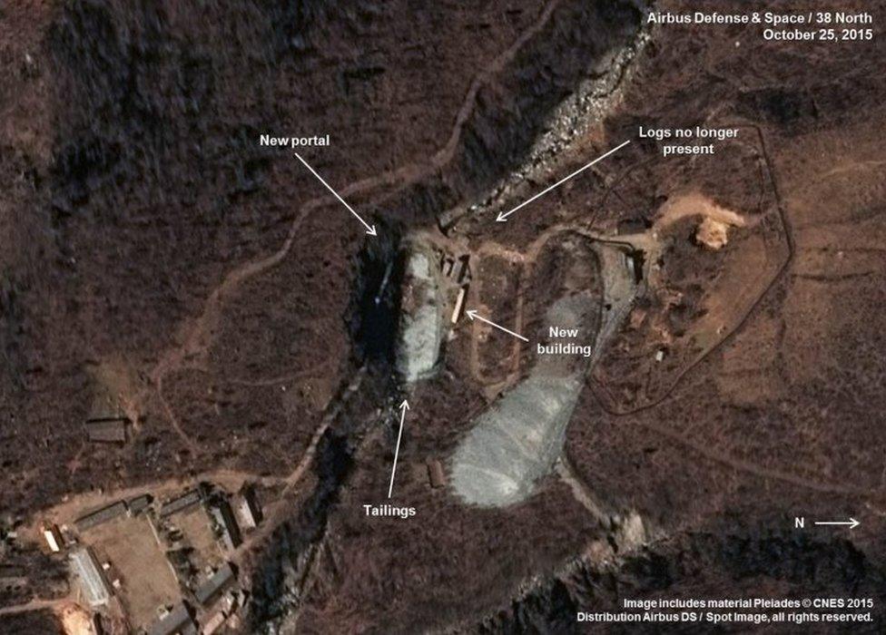 A satellite image dated 25 October shows what appears to be the entrance to a new tunnel under mountains where North Korea conducts nuclear test explosions