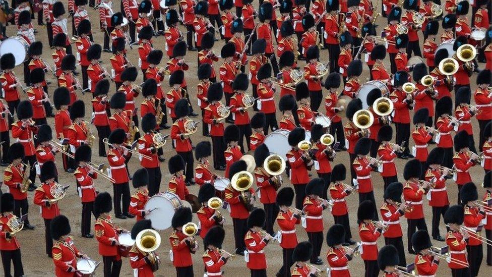 Soldiers taking part in Trooping the Colour