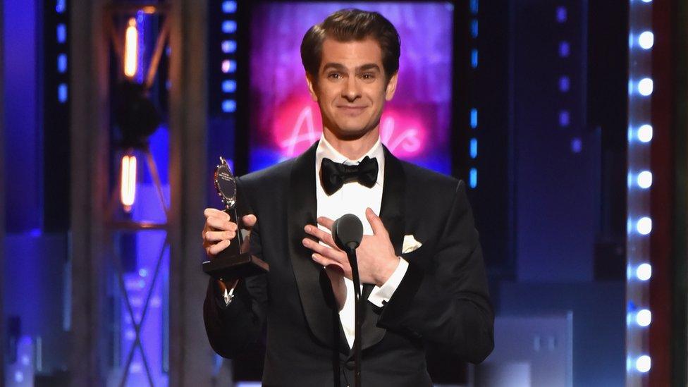 Andrew Garfield accepting his Tony Award