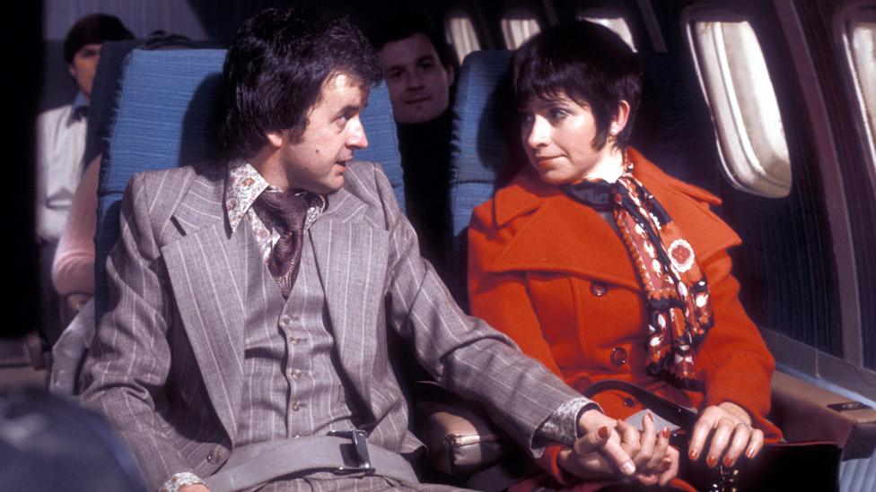 Rodney Bewes as Bob and Brigit Forsyth as Thelma in the comedy sitcom, 'Whatever Happened to the Likely Lads?', 1973