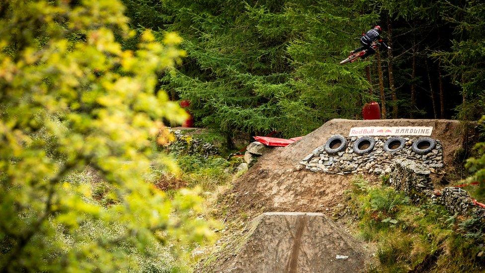 Rider jumps on bike at Red Bull Hardline course at Dyfi Bike Park