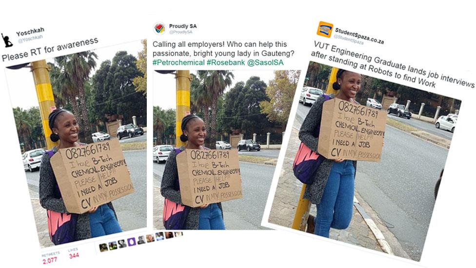 Screengrab of tweets about unemployed South African graduate Anthea Malwandle