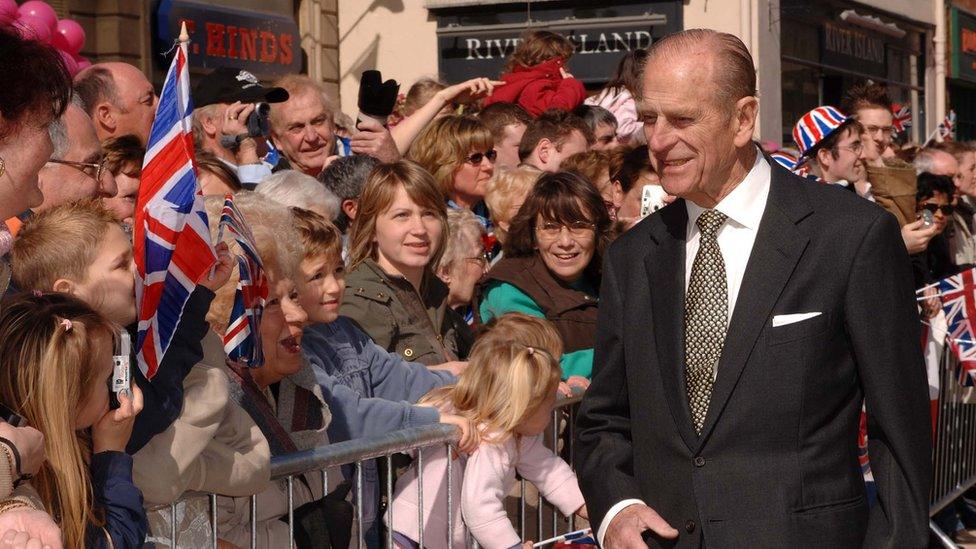 Duke of Edinburgh meets the public during a walkabout in Stafford on March 31, 2006