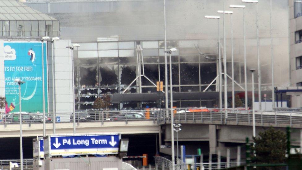 Smoke and broken windows at Zaventem airport, Brussels