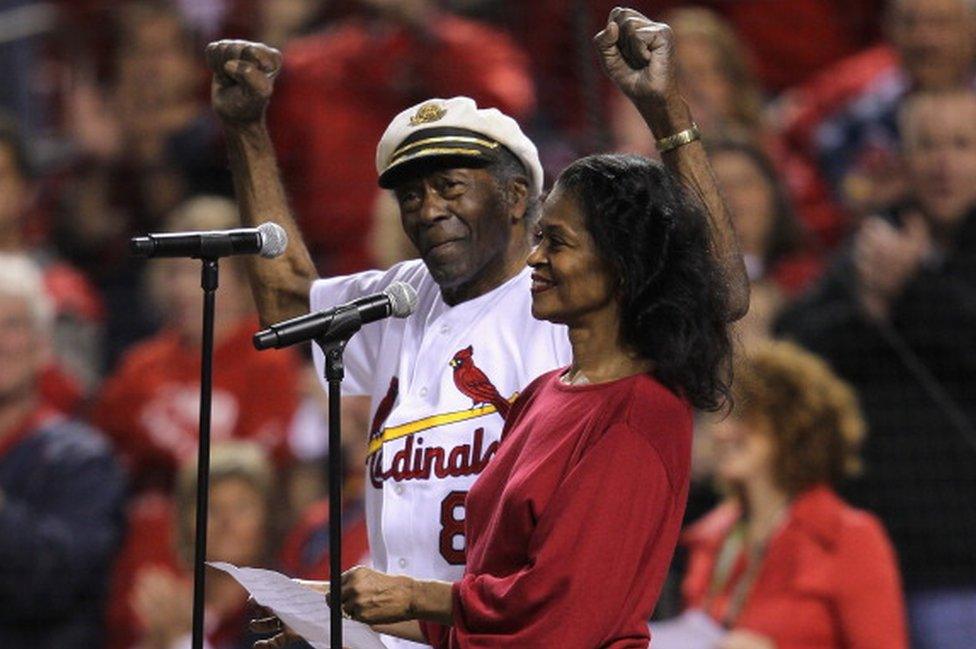 Singer Chuck Berry and his daughter Ingrid perform the national anthem before the St. Louis Cardinals play the Milwaukee Brewers on 14 October, 2011 in St Louis, Missouri.