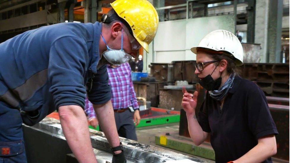 Mirella and Lucas at a cast iron foundry in Brescia