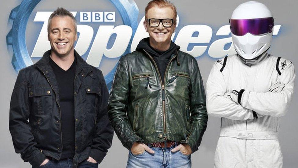 Matt LeBlanc with Chris Evans and 'The Stig'