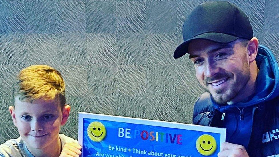 Alfie with Jack Grealish and his anti bullying poster