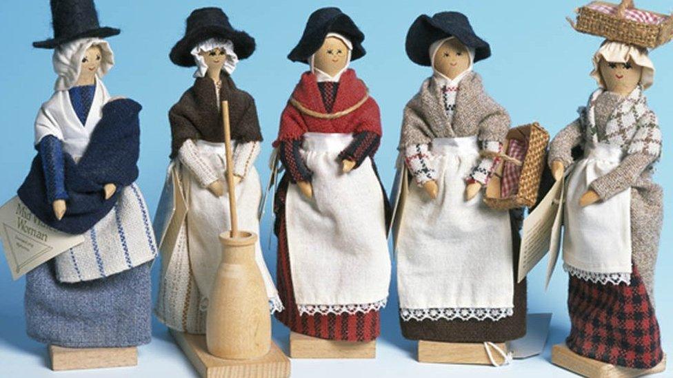 Peg dolls in traditional Welsh costume, made in Lampeter, Ceredigion