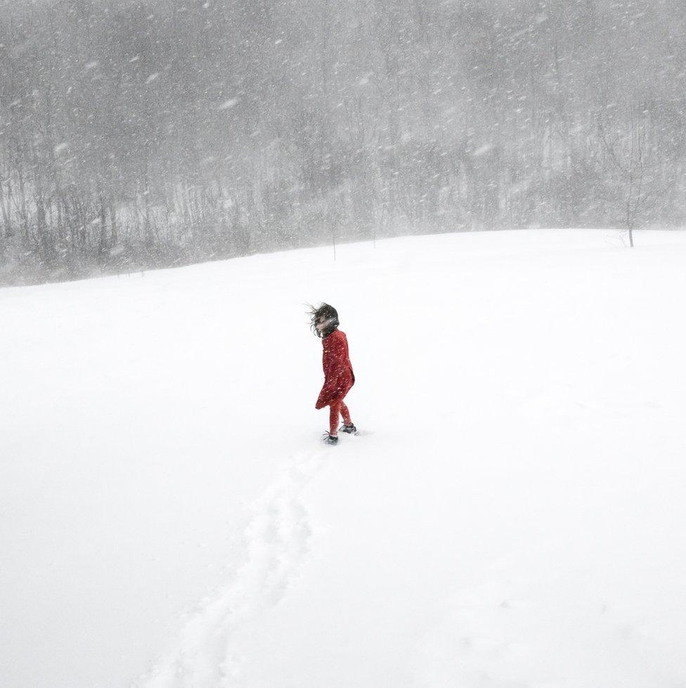 A young girl in a red coat in the snow