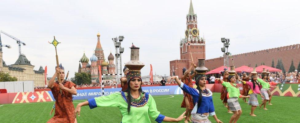 Performers take part in Peru Day at the FIFA World Cup Football Park in the Red Square in Moscow, Russia, 24 June 2018