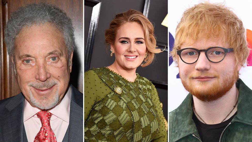 A composite image of the singers Sir Tom Jones, Adele and Ed Sheeran