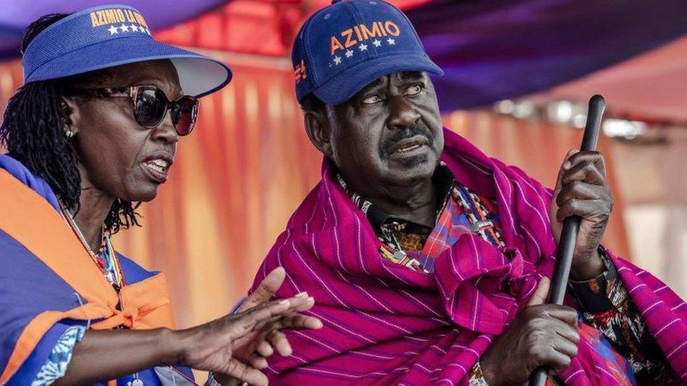 Raila Odinga with running mate Martha Karua at an event in Narok, Kenya