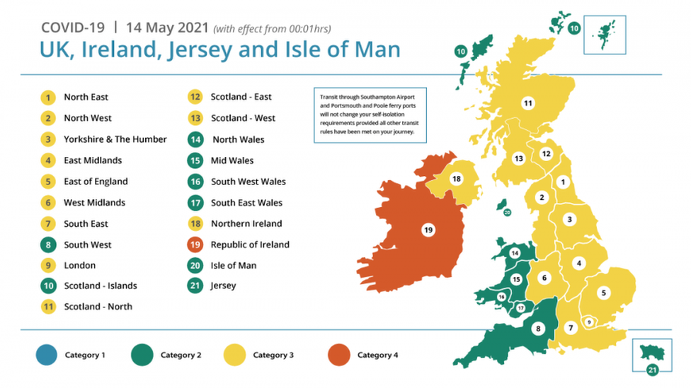 Map of the travel categories of the British Isles areas according to 14 day Covid-19 infection rate