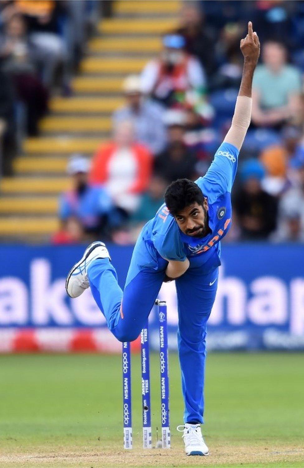 India"s Jasprit Bumrah bowls during the 2019 Cricket World Cup warm up match between Bangladesh v India at Sophia Gardens stadium in Cardiff, south Wales, on May 28, 2019