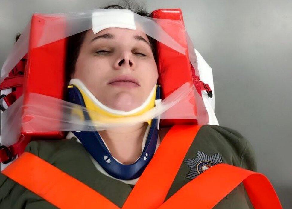 Sam Bailey in a neck brace