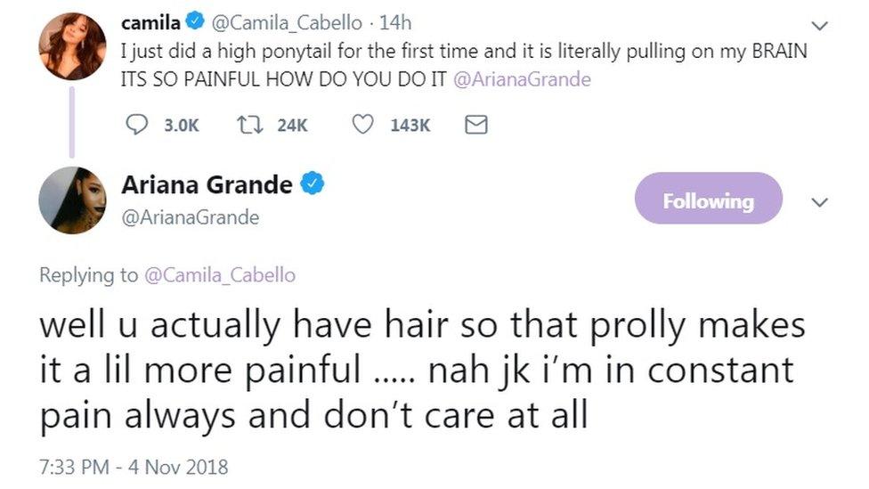 tweets from Ariana Grande and Camila Cabello