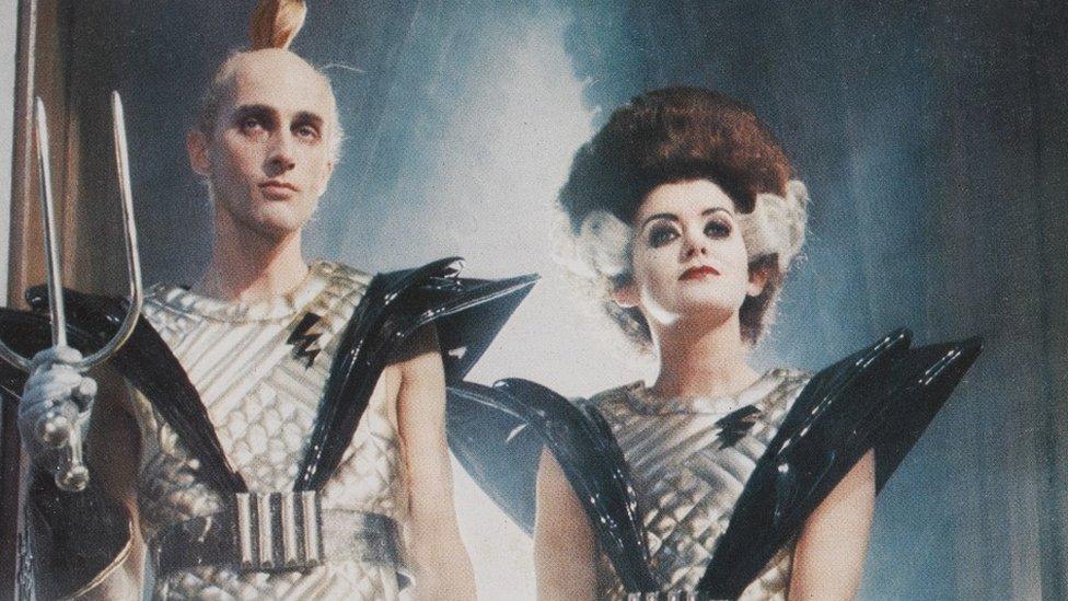 Richard O'Brien and Patricia Quinn pose as Riff Raff and Magenta in the finale of The Rocky Horror Picture Show