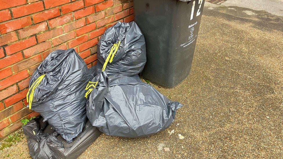 Several black bin bags next to a black bin