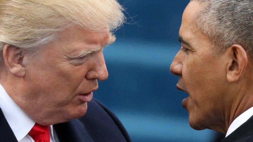 FILE PHOTO: U.S. President Barack Obama (R) greets President-elect Donald Trump at inauguration ceremonies swearing in Trump as president on the West front of the U.S. Capitol in Washington, U.S., January 20, 2017