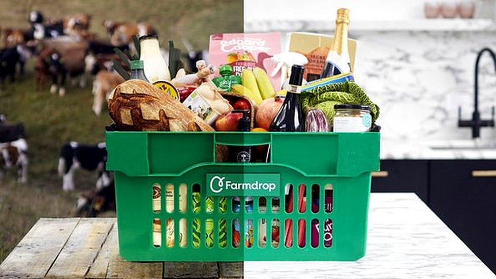 Farmdrop basket at a farm and on a kitchen counter