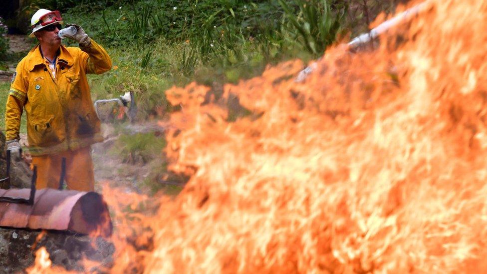 A firefighter drinks water in front of a raging bushfire north of Sydney on Monday