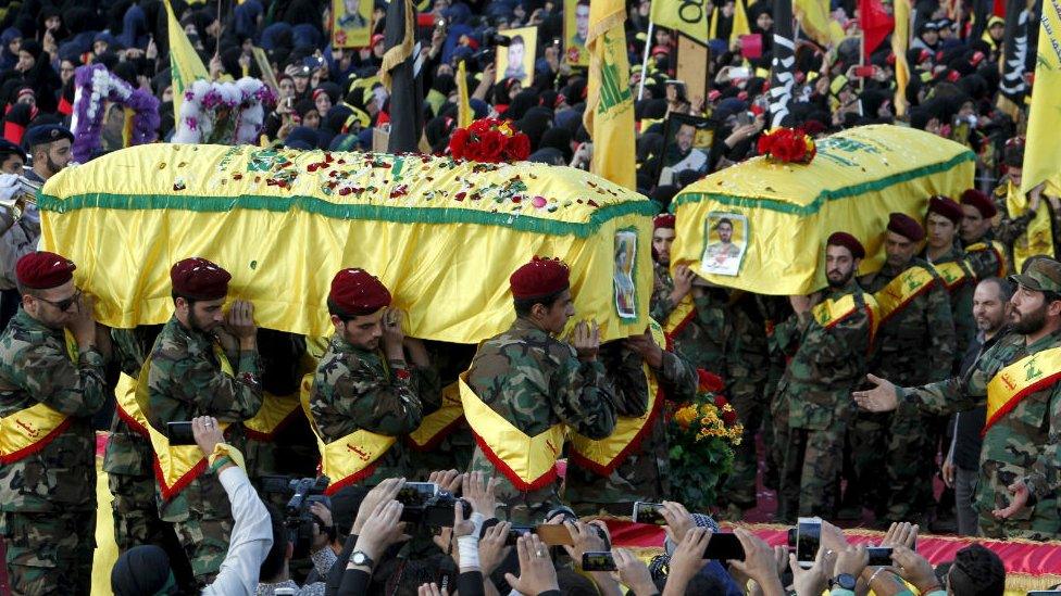 Coffins of Hezbollah fighters killed while fighting in Syria during funeral in Nabatieh, southern Lebanon October 27, 2015.