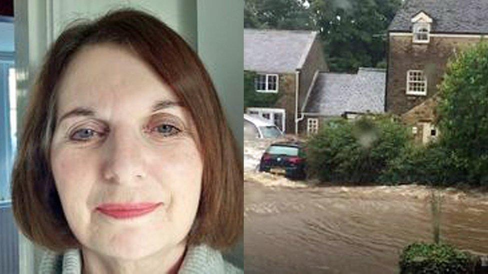 Lesley Hilton (left) Flooding in Bellerby, North Yorkshire (right)