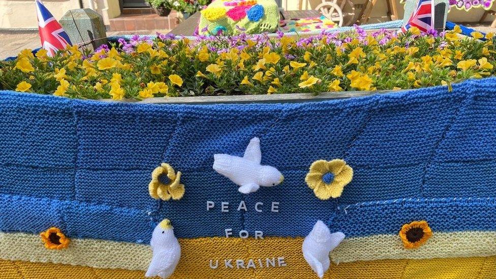 Peace for Ukraine knitting display