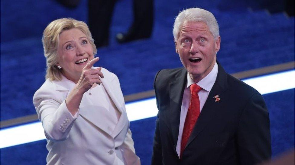 Democratic presidential candidate Hillary Clinton and husband Bill look at the balloons at the end of the fourth and final day of the Democratic National Convention at Wells Fargo Center on July 28, 2016 in Philadelphia, Pennsylvania