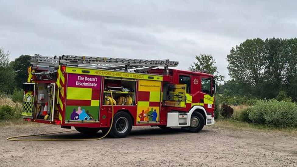 Fire engine at Hixberry Lane allotments, St Albans