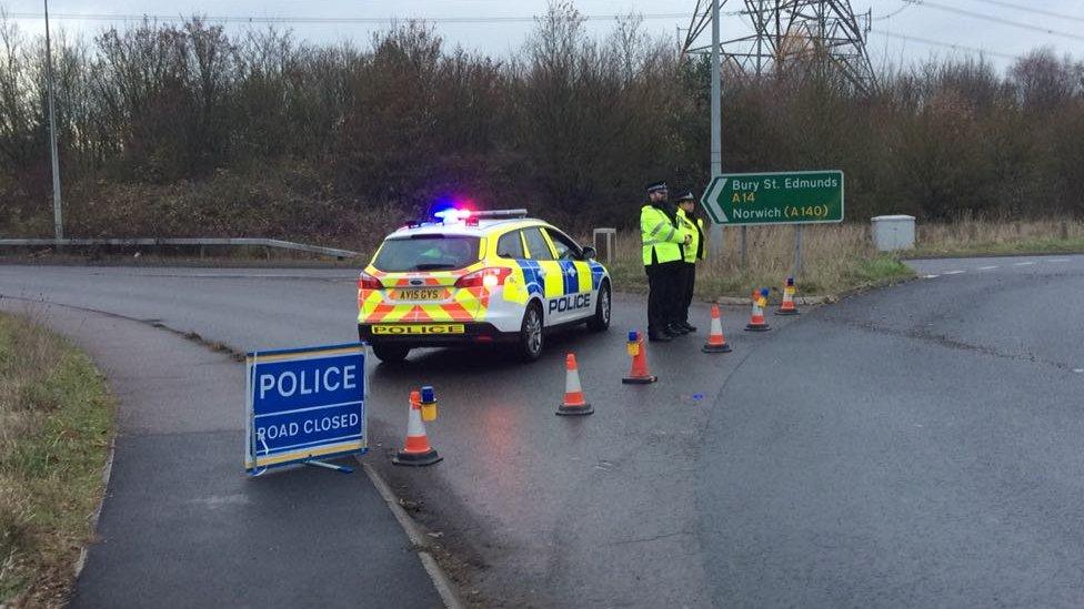 Police cordon on an A14 slip road