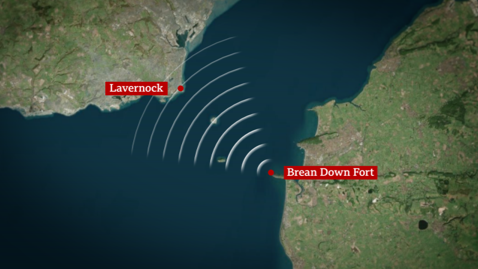 Map showing distance between Brean Down and Lavernock