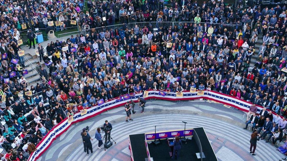 Senator Kamala Harris speaks to her supporters during her presidential campaign launch rally in Oakland, California