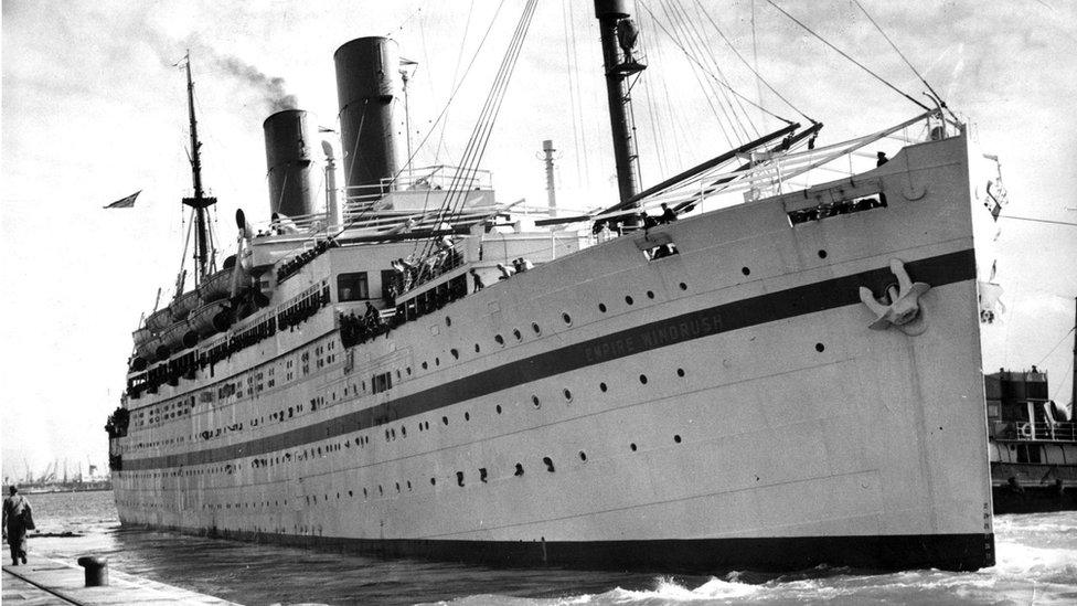 MV Empire Windrush in 1954 in dock at Southampton