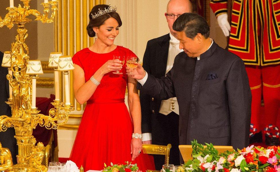 Chinese President Xi Jinping with the Duchess of Cambridge at a state banquet at Buckingham Palace