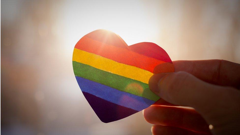 Hand holding LGBT paper heart