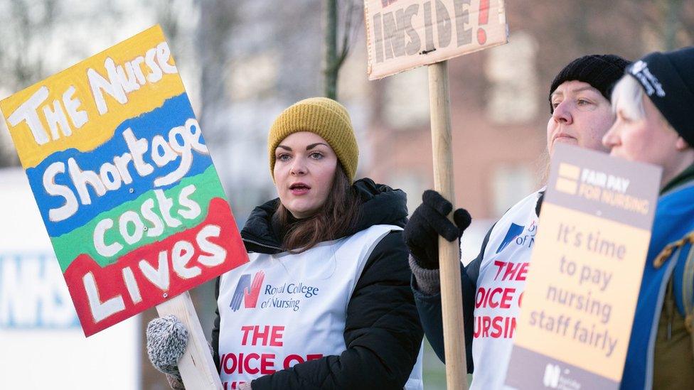 RCN members on the picket line outside the Norfolk And Norwich University Hospital, Norwich, in January