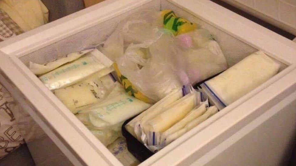 Harriet Tutton's freezer full of packets of her frozen breast milk