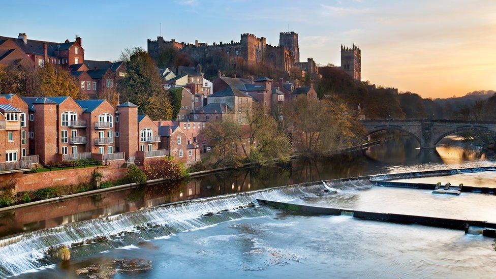 View of flats, castle and cathedral on Durham riverside