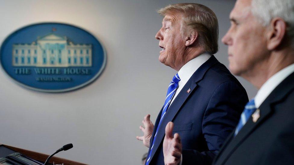 Donald Trump stands beside Mike Pence during a coronavirus task force briefing