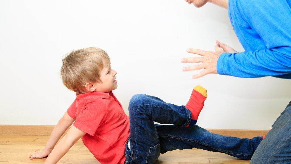 Small boy kicking an adult